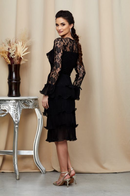 Rochie midi neagra din voal cu volane - Rochii Voal