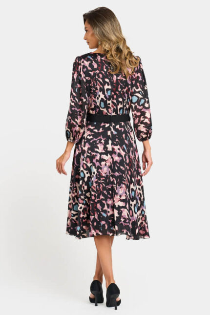 rochie midi din voal mov cu imprimeu