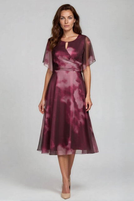 rochie eleganta de vara din voal ciclam imprimeu abstract maneci fluture