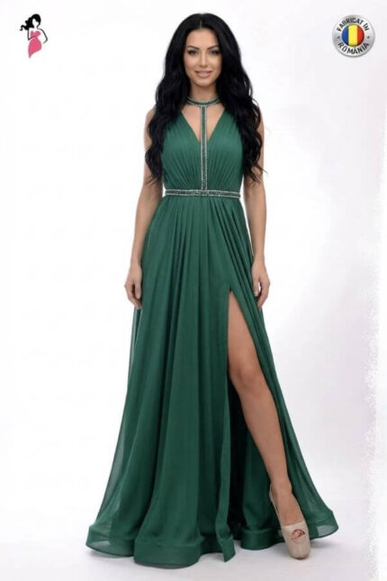 rochie lunga verde de ocazie din voal fluid